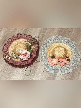 Victorian vintage style straw doll hats set of 2